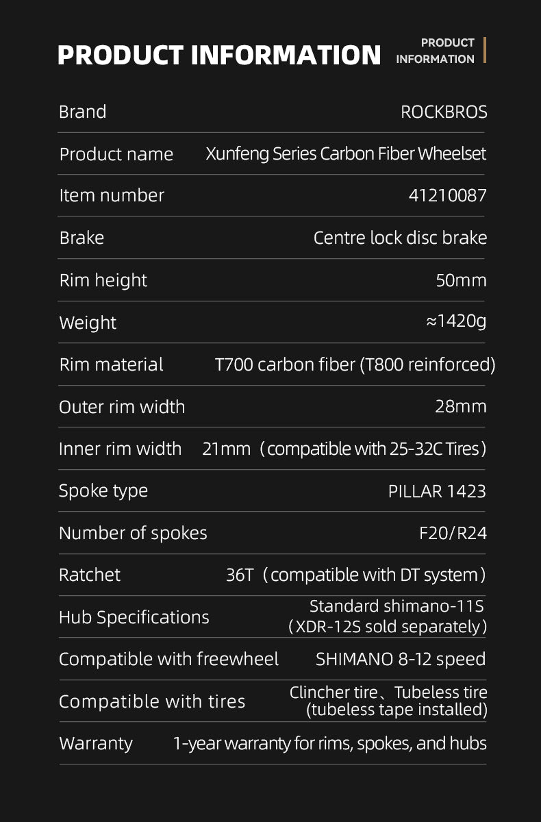ROCKBROS Road Bike T700 Carbon Fiber Wheelset 50mm Rim Disc Brake Bike Wheels Clincher/Tubeless