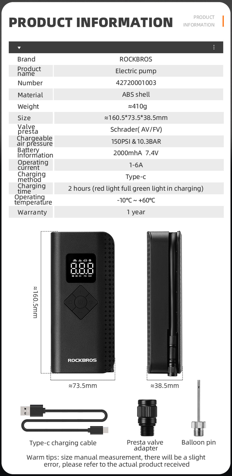 ROCKBROS Electric Bike Pump with Digital Display Schrader/Presta Valve