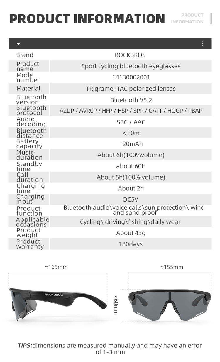 ROCKBROS Bluetooth Polarized Sunglasses Music Speaker Cycling Glasses Outdoor Sport