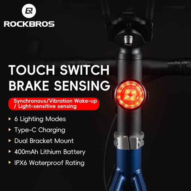 ROCKBROS Touch Switch Bike Rear Light MTB Bicycle Taillight Brake Sensing USB-C