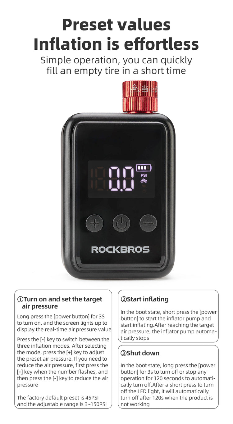 ROCKBROS Portable Electric Bicycle Bike Tire Ball Pump 150PSI LED Digital Gauge