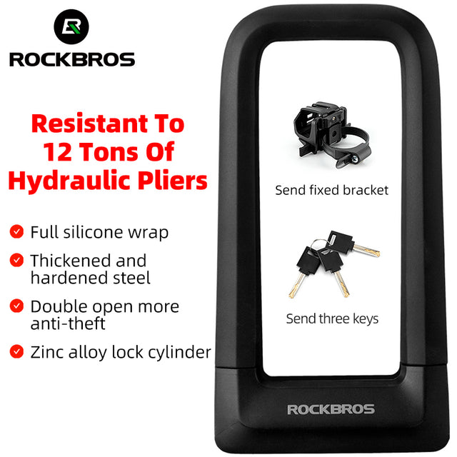 ROCKBROS Motorcycle Bicycle U-Lock Anti-Theft Thickened MTB Bike Lock Alloy Steel 3 Keys