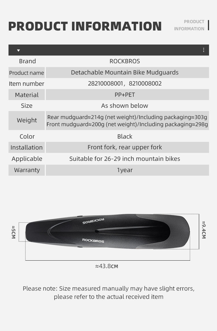 ROCKBROS Mountain Bike Front&Rear Fenders 26-29 inch MTB Mudguard Adjustable Quick Release