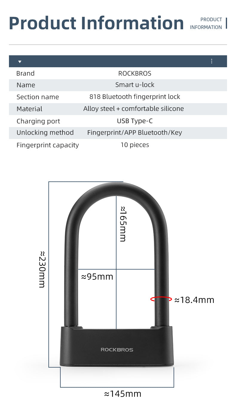 ROCKBROS Bike Lock Smart Fingerprint Key MTB Motor Key USB Repetitive Power Portable