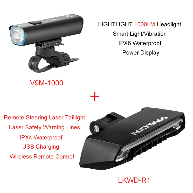 ROCKBROS 1000 Lumen Front Bike Light V9M-1000 + Bicycle Rear Light with Saddle Fitting & Remote Control LKWD-RI